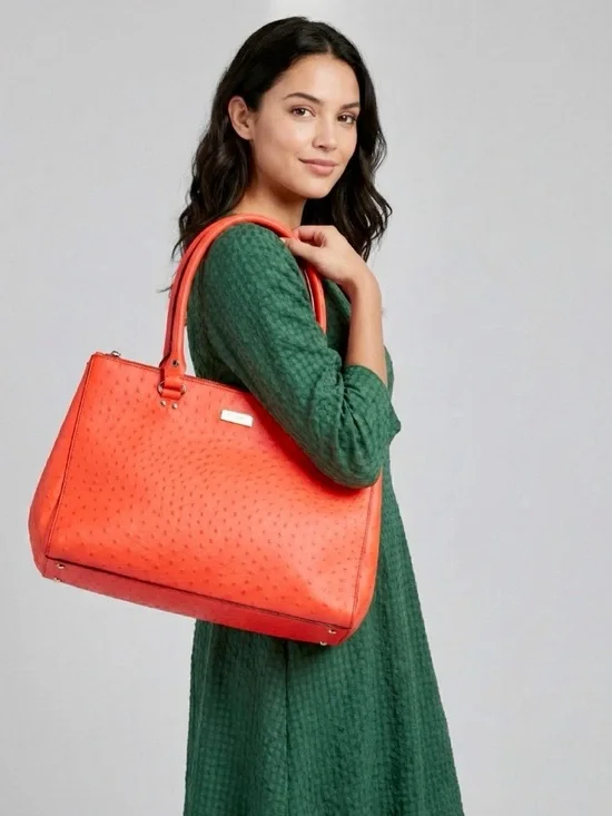 Kate Spade Wellesley Quinn Tote – “Flame” Ostrich Embossed Leather - Picture 2 of 7